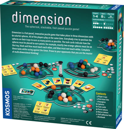 The back of the Kosmos Dimension board game box displays colorful spheres on player trays, an hourglass, yellow task cards, and game details on a teal background