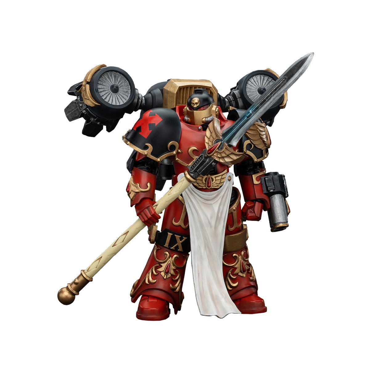 A red and black heavily armored figure from Museum The Archaeologists Expansion stands with a sword and a staff