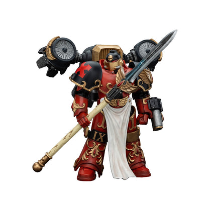 A red and black heavily armored figure from Museum The Archaeologists Expansion stands with a sword and a staff