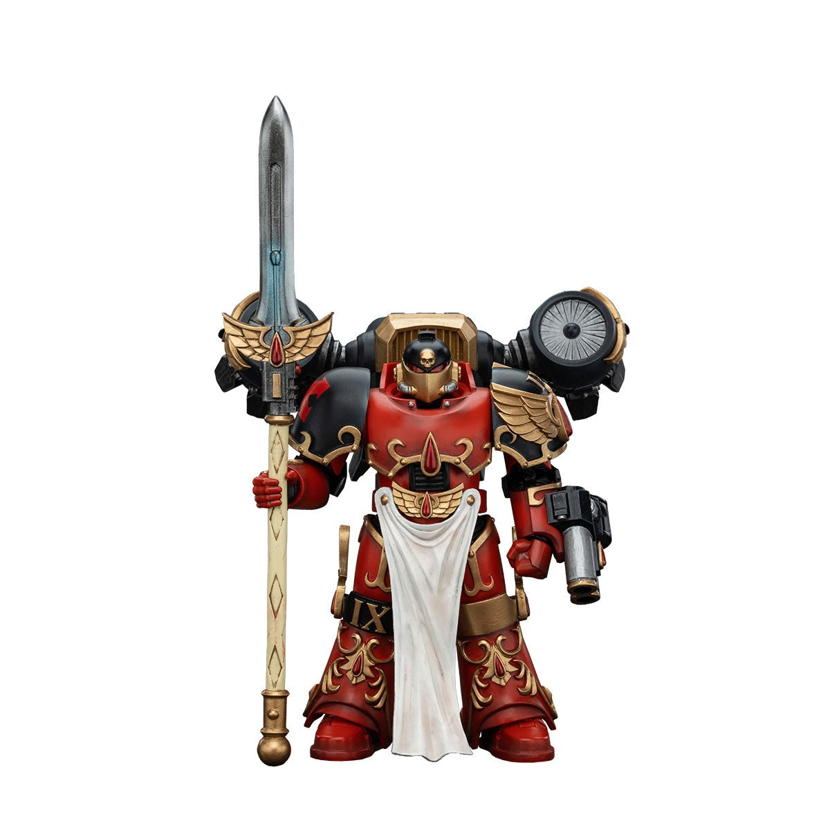 A red and black armored Warhammer Blood Angels Dawnbreaker Cohort figure with gold accents and wings, holding a spear and a gun, on a white background