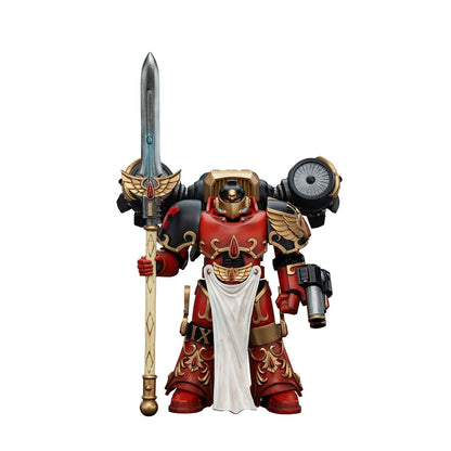A red and black armored Warhammer Blood Angels Dawnbreaker Cohort figure with gold accents and wings, holding a spear and a gun, on a white background