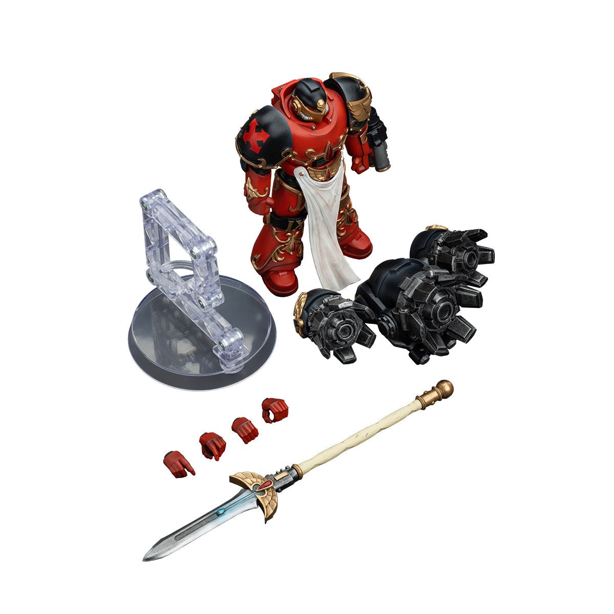 A red and gold armored action figure with a clear stand, two dark weapons, four red hands, and a sword with a cream handle on a white background