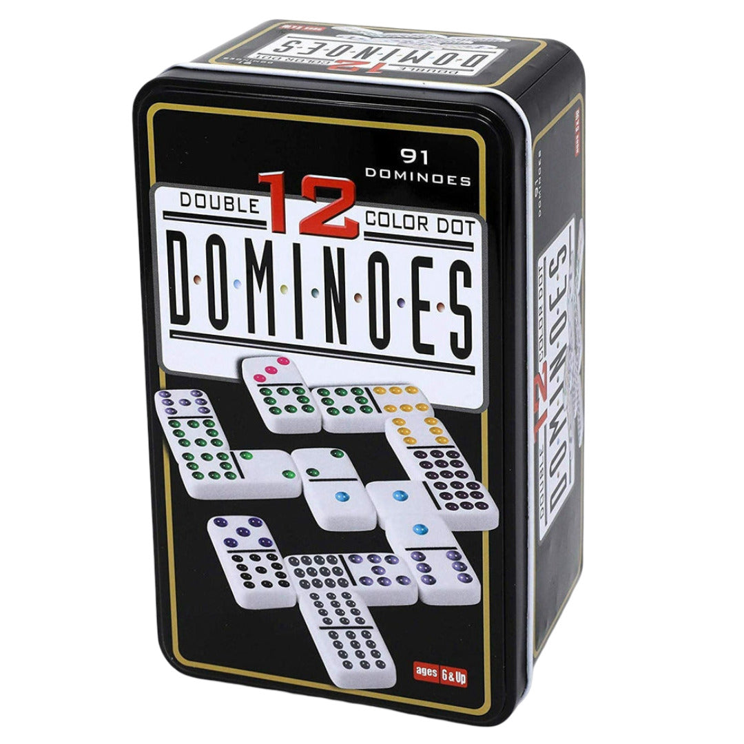 Black rectangular storage tin for 91 Double 12 Color Dot Dominoes featuring a display of white tiles with bright, multicolored dots on the front label