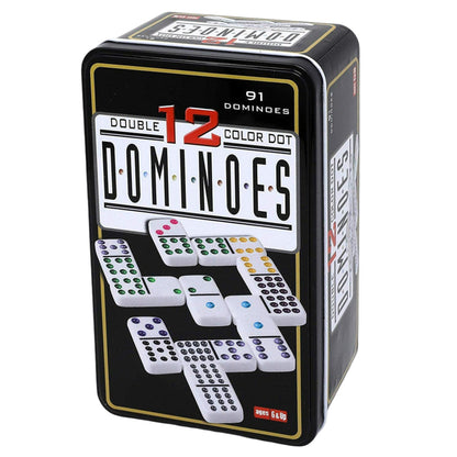 Black rectangular storage tin for 91 Double 12 Color Dot Dominoes featuring a display of white tiles with bright, multicolored dots on the front label