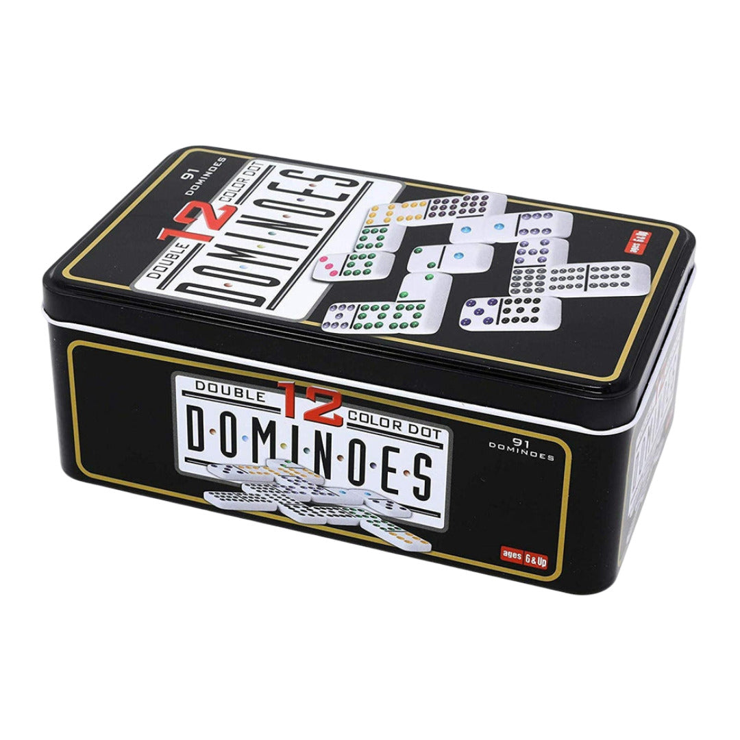 A rectangular black metal tin holding the 91-piece Double 12 Color Dot Dominoes set, prominently displaying the product title and sample colored dots