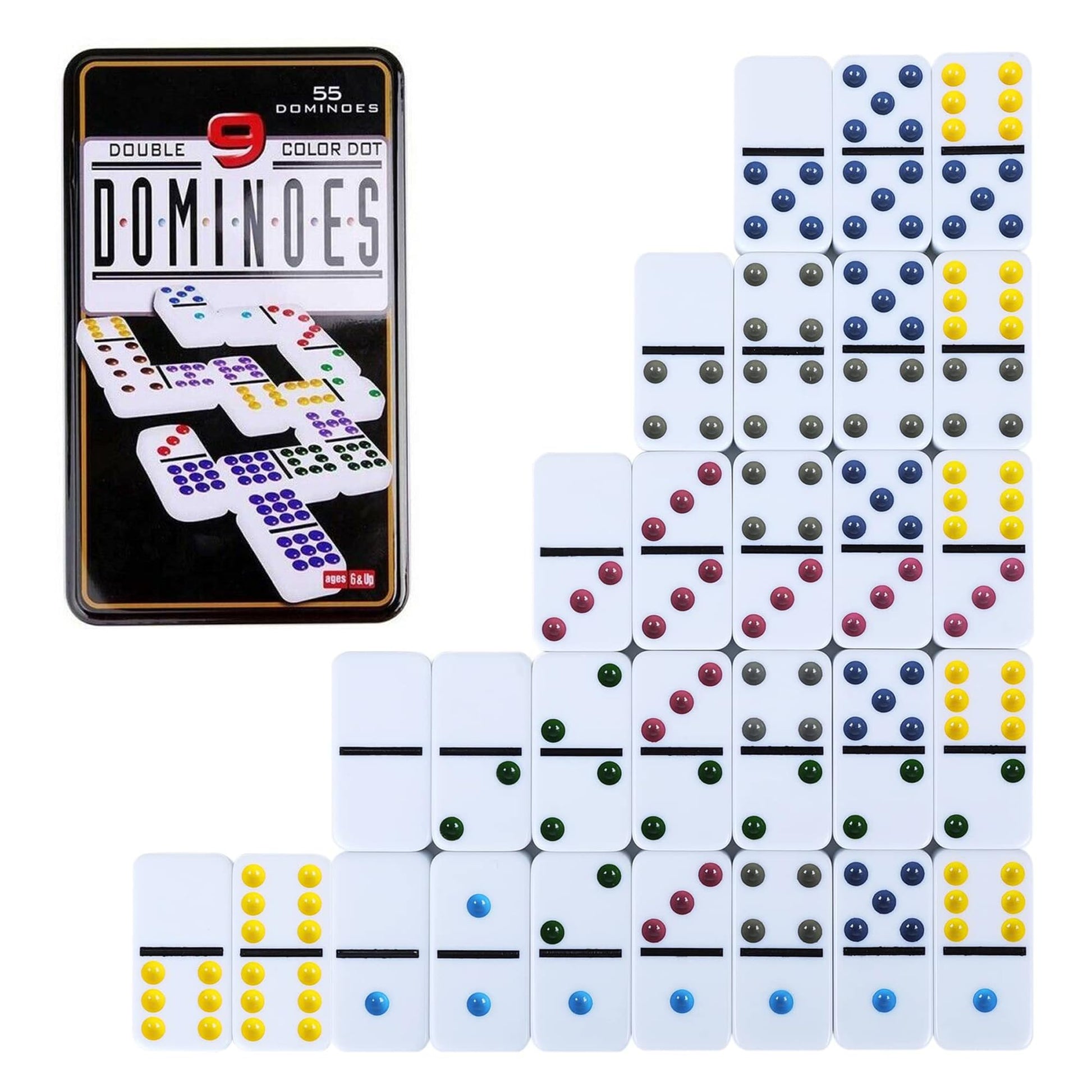 A full set of 55 white Double 9 Color Dot dominoes with variously colored pips laid out around the decorative black storage tin