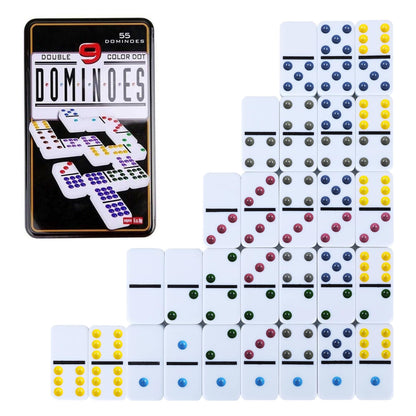 A full set of 55 white Double 9 Color Dot dominoes with variously colored pips laid out around the decorative black storage tin