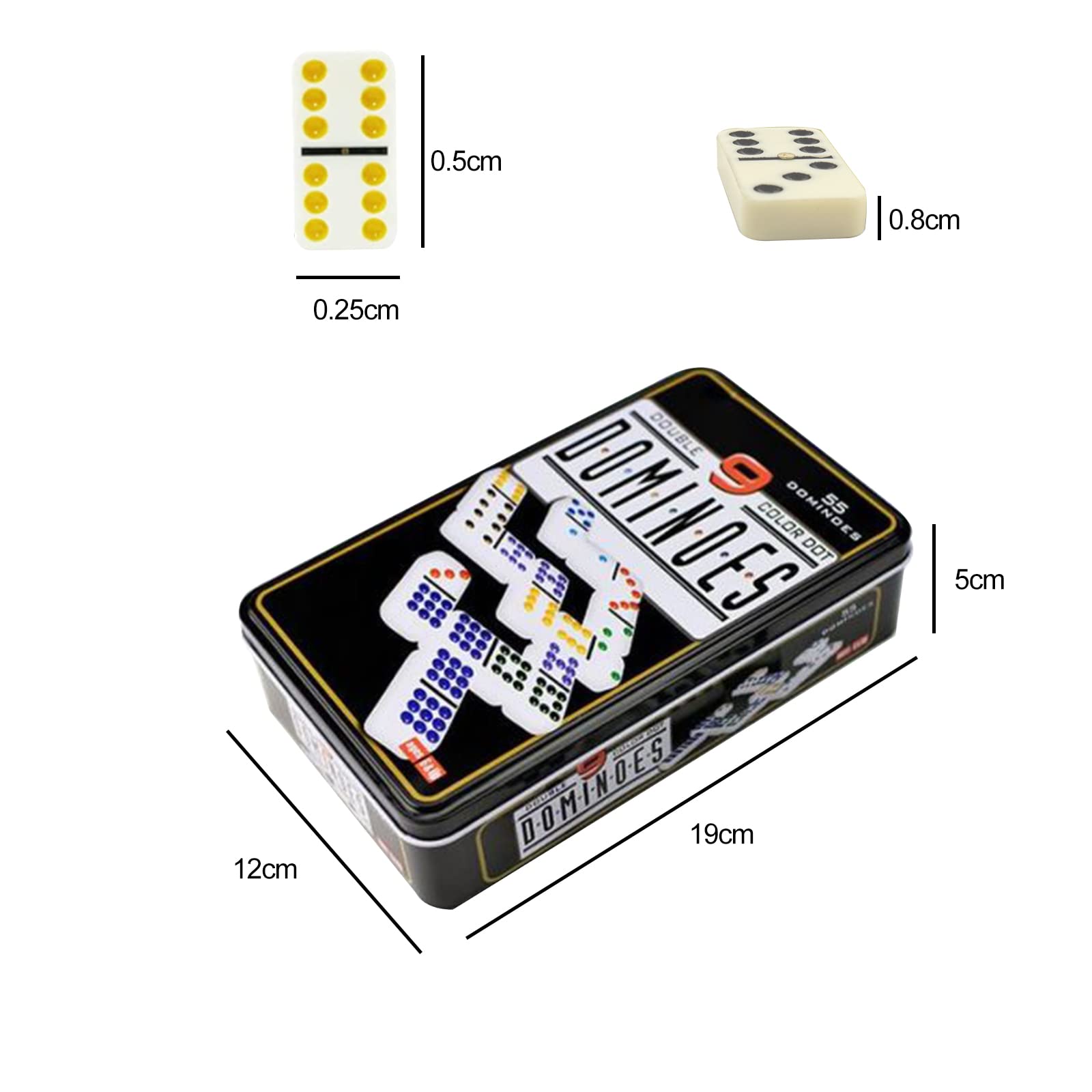 This 55-piece Double 9 Color Dot Dominoes set is packaged in a 19x12x5cm black metal tin detailing the individual tile thickness at 0