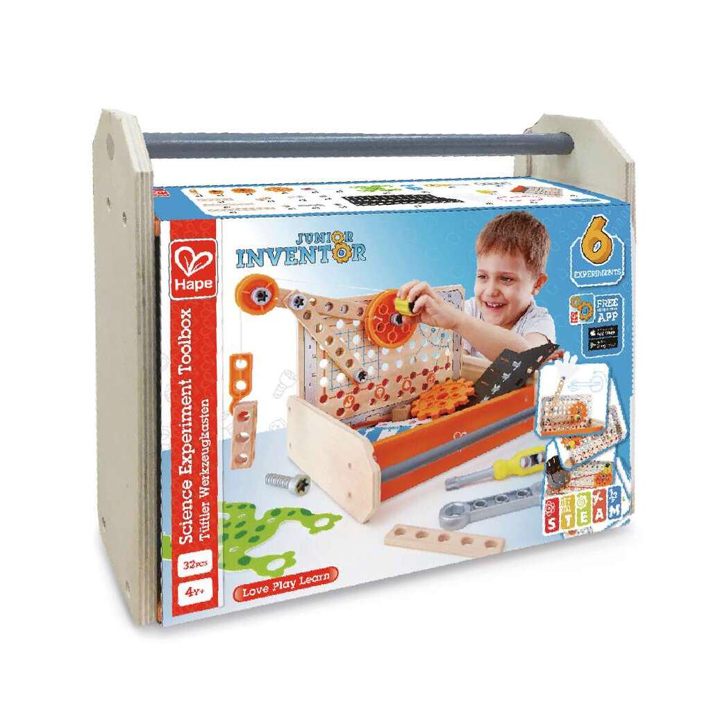 Hape Junior Inventor Science Experiment Toolbox for ages four and up displaying 32 pieces and 6 experiments in a wooden-style carrying case