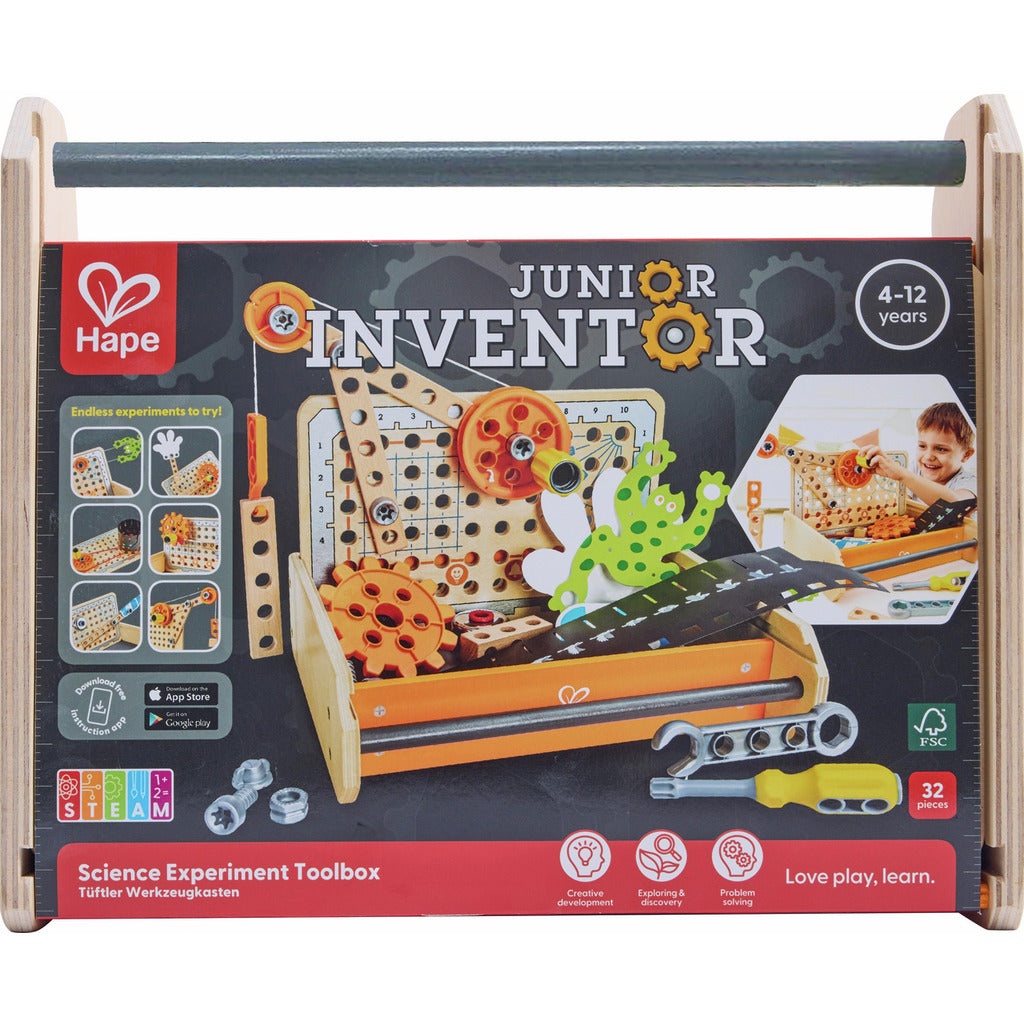 The Hape Junior Inventor Science Experiment Toolbox displays 32 wooden construction pieces, gears, and tools in a carry crate package for kids ages 4 to 12