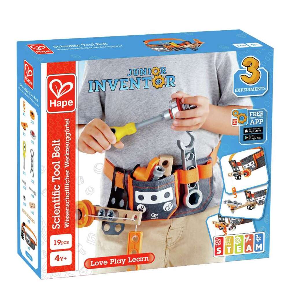 The Hape Junior Inventor Scientific Tool Belt box displays a child wearing the orange and gray 19-piece construction set and assembling a toy mechanism