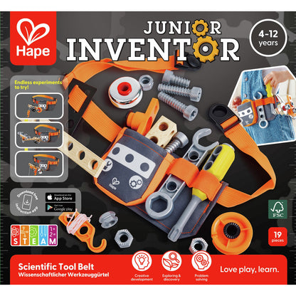 The Hape Junior Inventor Scientific Tool Belt with 19 pieces features an orange strap, gray pouch, screwdriver, wrench, and assorted nuts and bolts