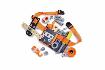 Hape toy Scientific Tool Belt with orange straps, holding a wrench and screwdriver, surrounded by gray bolts, wooden building parts, and a large orange pulley wheel