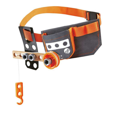 This adjustable gray and orange Scientific Tool Belt includes a front pouch with an attached wooden crossbar demonstrating a screw and pulley mechanism with an orange hook