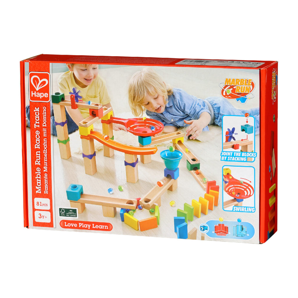Hape Marble Run Race Track box featuring the 81-piece wooden set with ramps, swirling funnel, colorful supports, and two children playing