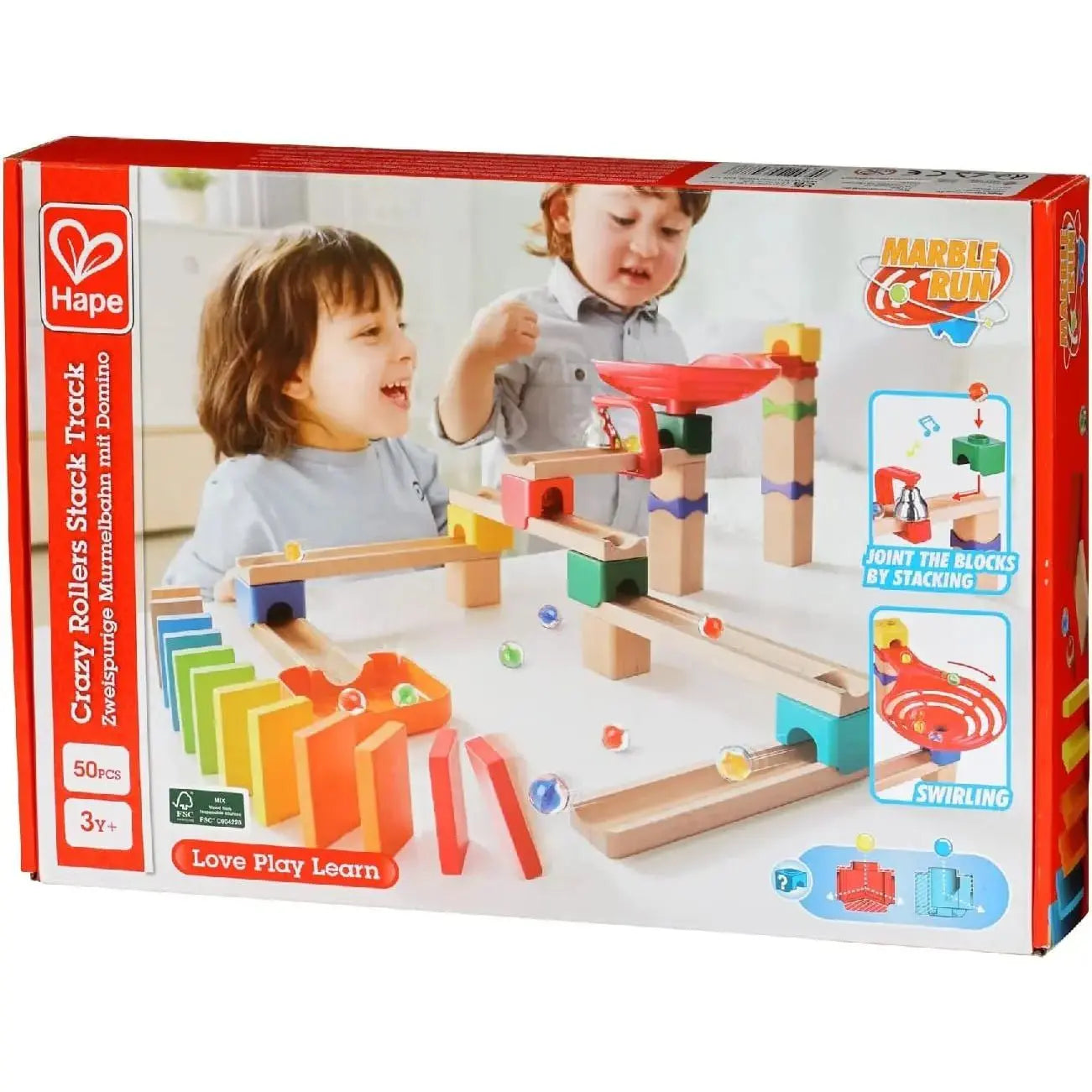 The Hape Crazy Rollers Stack Track box displays a completed marble run built with wood blocks and colorful dominoes being knocked down