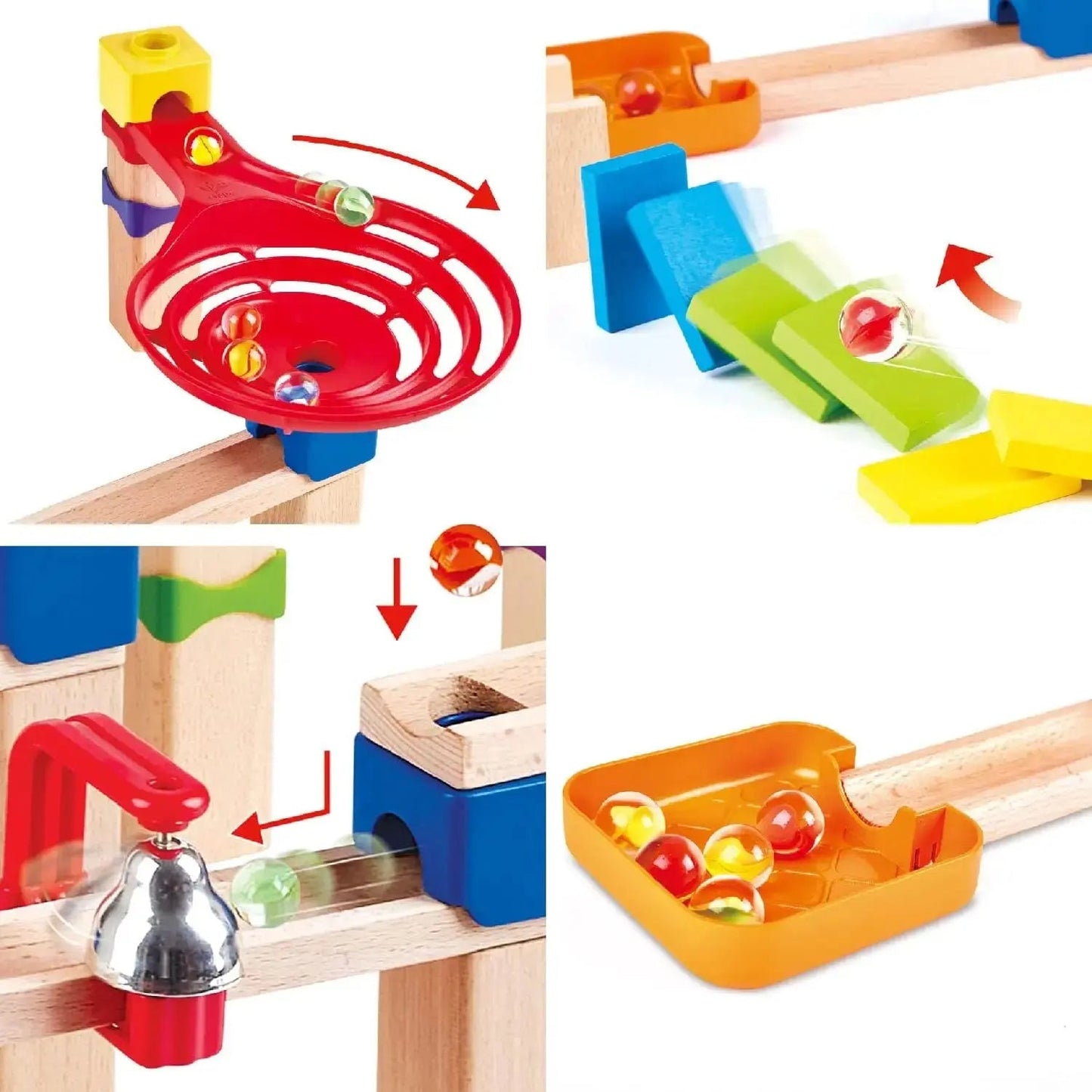 This image displays four actions of the modular wooden marble run set, featuring a red cyclone track, domino effect blocks, a ringing metal bell, and a marble collection tray