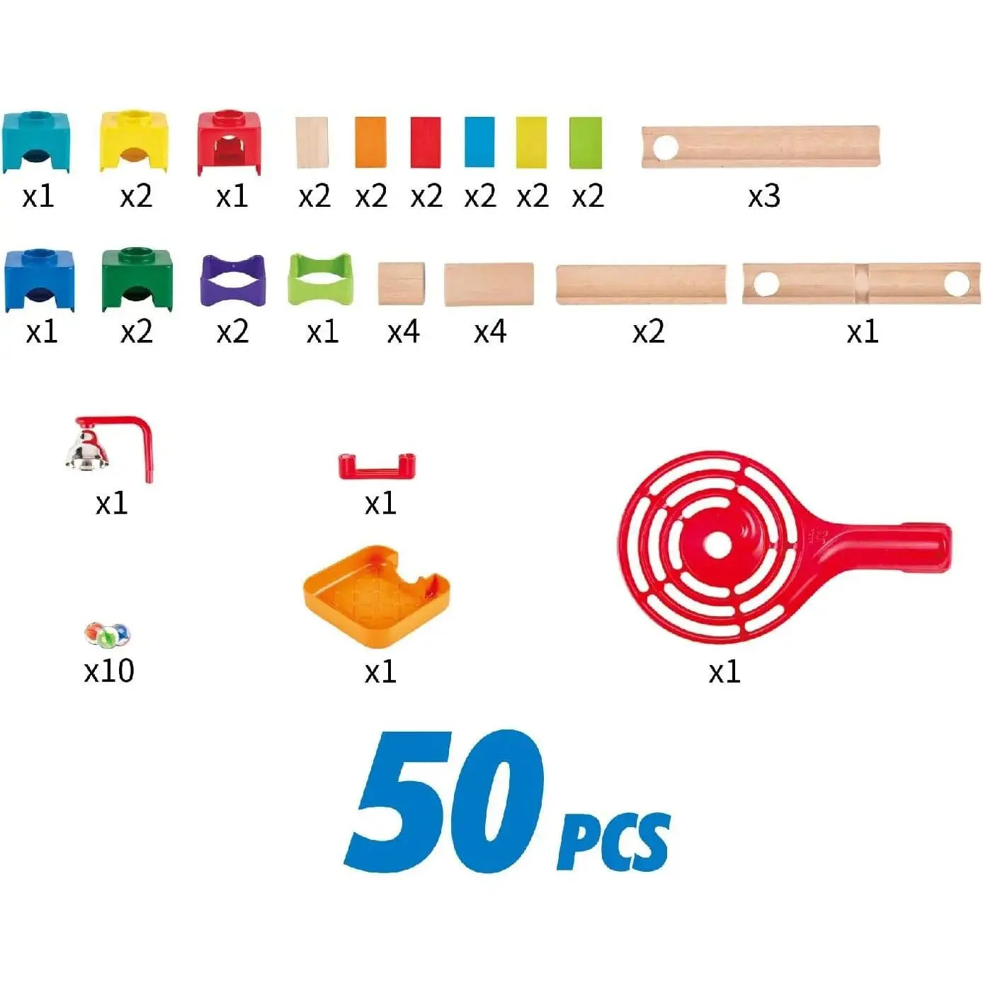 Detailed view of the 50 PCS Crazy Rollers Stack Track components including multicolored bases, wooden tracks, a red spinner, a bell, and 10 marbles