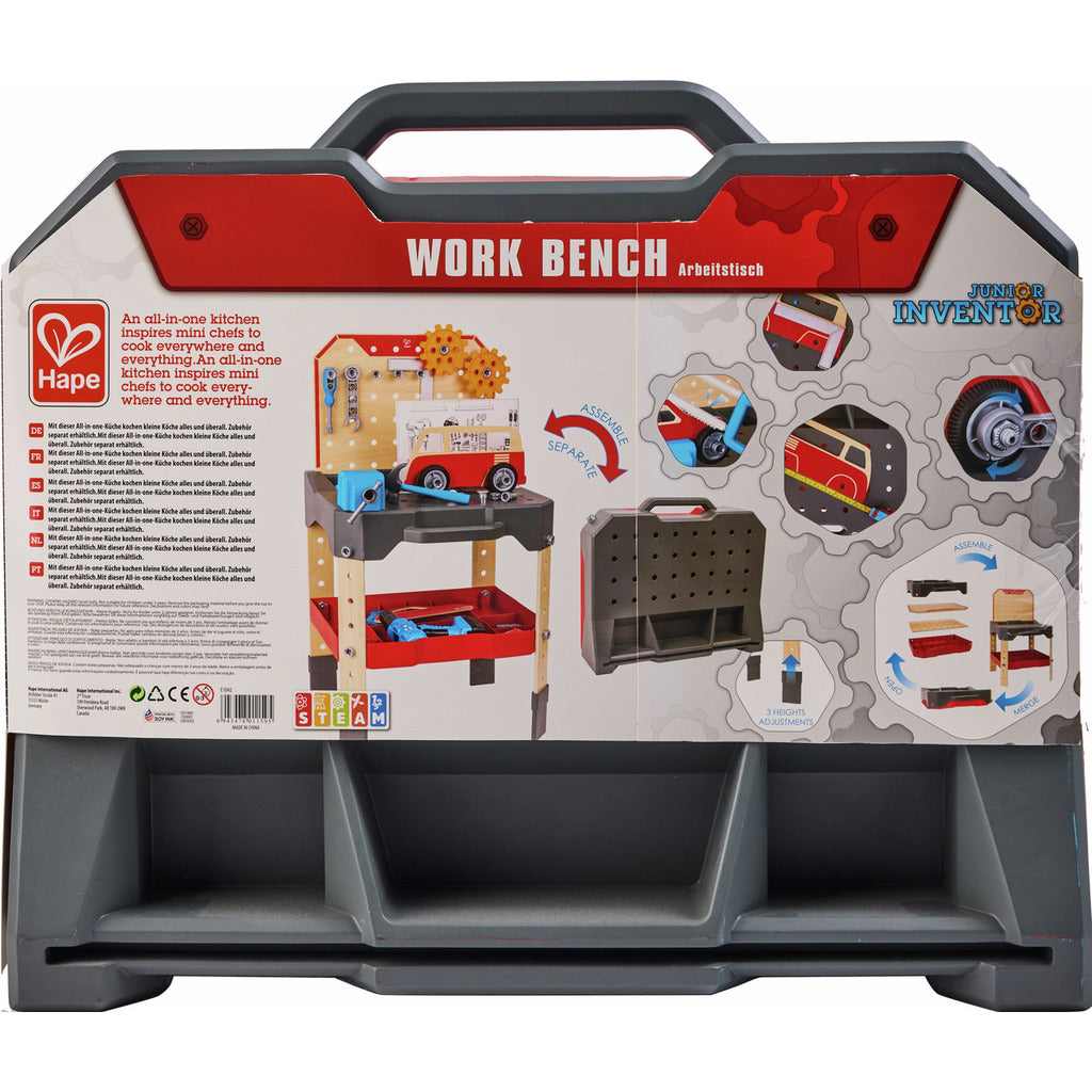Detailed back of the Hape Junior Inventor Work Bench toy packaging, showcasing the assembled wooden workbench, detachable red vehicle, and storage case transformation diagrams