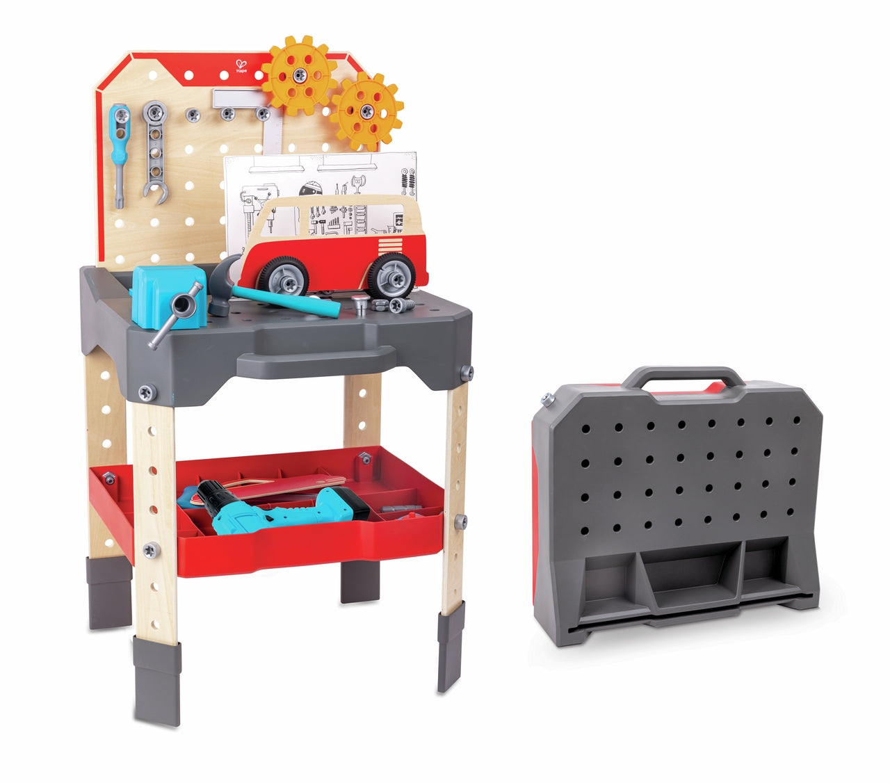 A Hape wooden and plastic toy vehicle service workbench with a pegboard holding tools, a red van, and an adjacent gray and red folding tool case