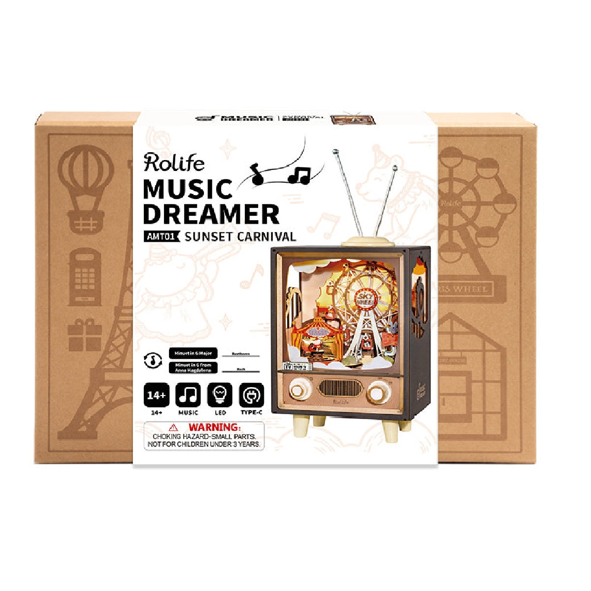 Packaging for the Rolife Sunset Carnival music box kit showing the vintage TV model containing a detailed miniature Ferris wheel scene and LED lighting feature