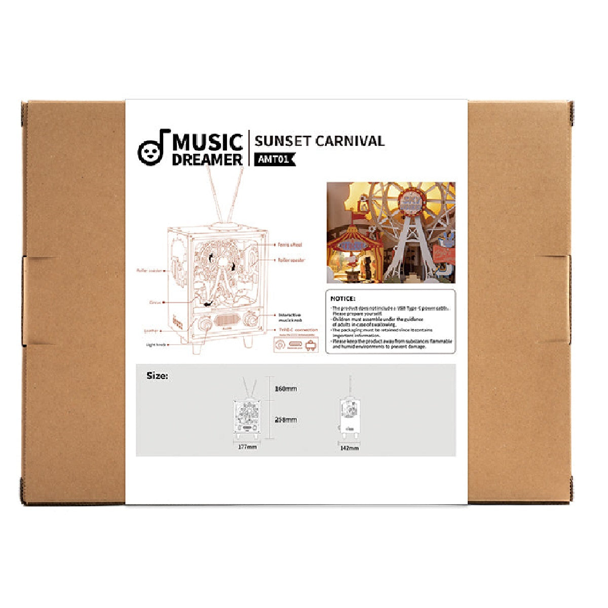 Cardboard box for the Music Dreamer Sunset Carnival kit displays product schematic, a finished model image, and size specifications reaching 259mm in height