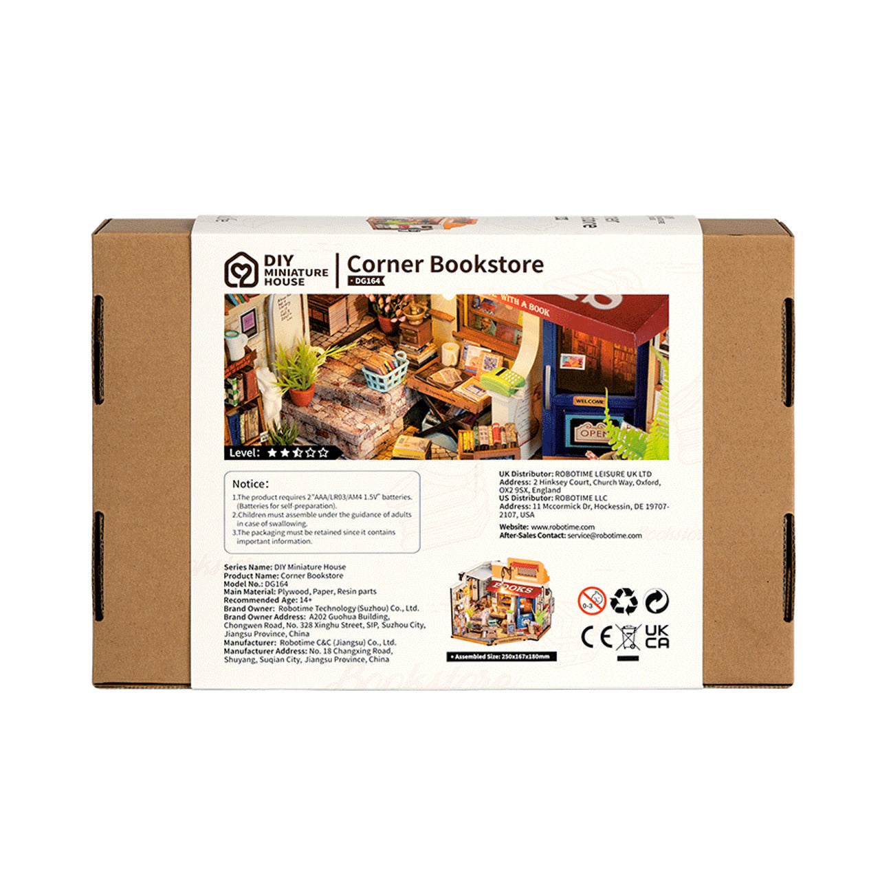 The retail box for the DIY Corner Bookstore miniature kit displays a detailed image of the finished shop interior and the 250x167x180mm assembled size