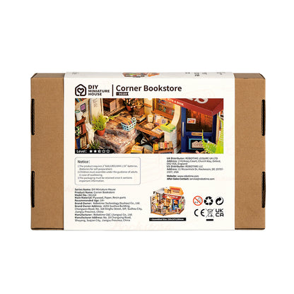 The retail box for the DIY Corner Bookstore miniature kit displays a detailed image of the finished shop interior and the 250x167x180mm assembled size
