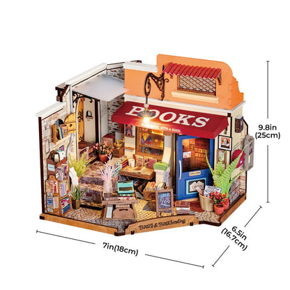 Detailed DIY miniature Corner Bookstore kit displaying dimensions of 98 inches tall 7 inches wide and 65 inches deep