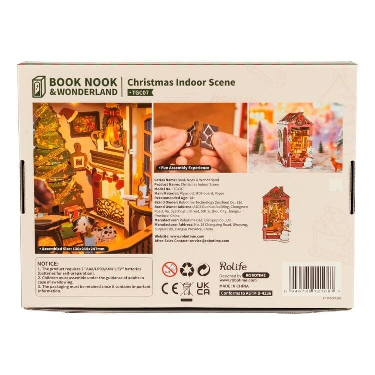 The product box for the DIY Book Nook Christmas Indoor Scene TGC07 shows the detailed miniature room and lists the assembled dimensions as 136x218x247mm