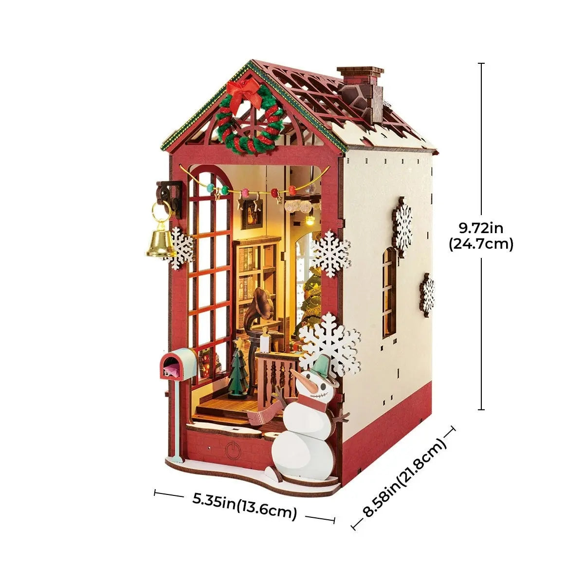 A DIY Bookends Kit depicts a festive Christmas indoor scene with a person, bookshelves, and a Christmas tree, complemented by outdoor decorations including a snowman and wreath