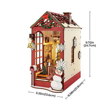 A DIY Bookends Kit depicts a festive Christmas indoor scene with a person, bookshelves, and a Christmas tree, complemented by outdoor decorations including a snowman and wreath