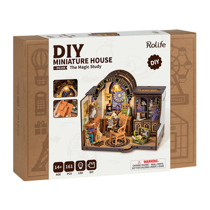 The Rolife DG166 DIY Miniature House kit box displays "The Magic Study," a complex, fantasy-themed 161-piece diorama with LED features