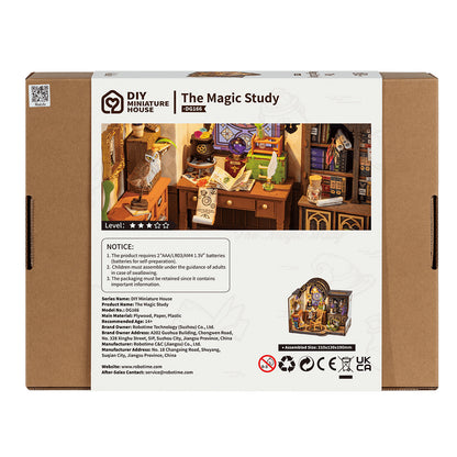The packaging box for the DIY Miniature House kit The Magic Study, featuring a colorful photo of the assembled 210x130x190mm detailed wizard's room with an owl perched on the desk