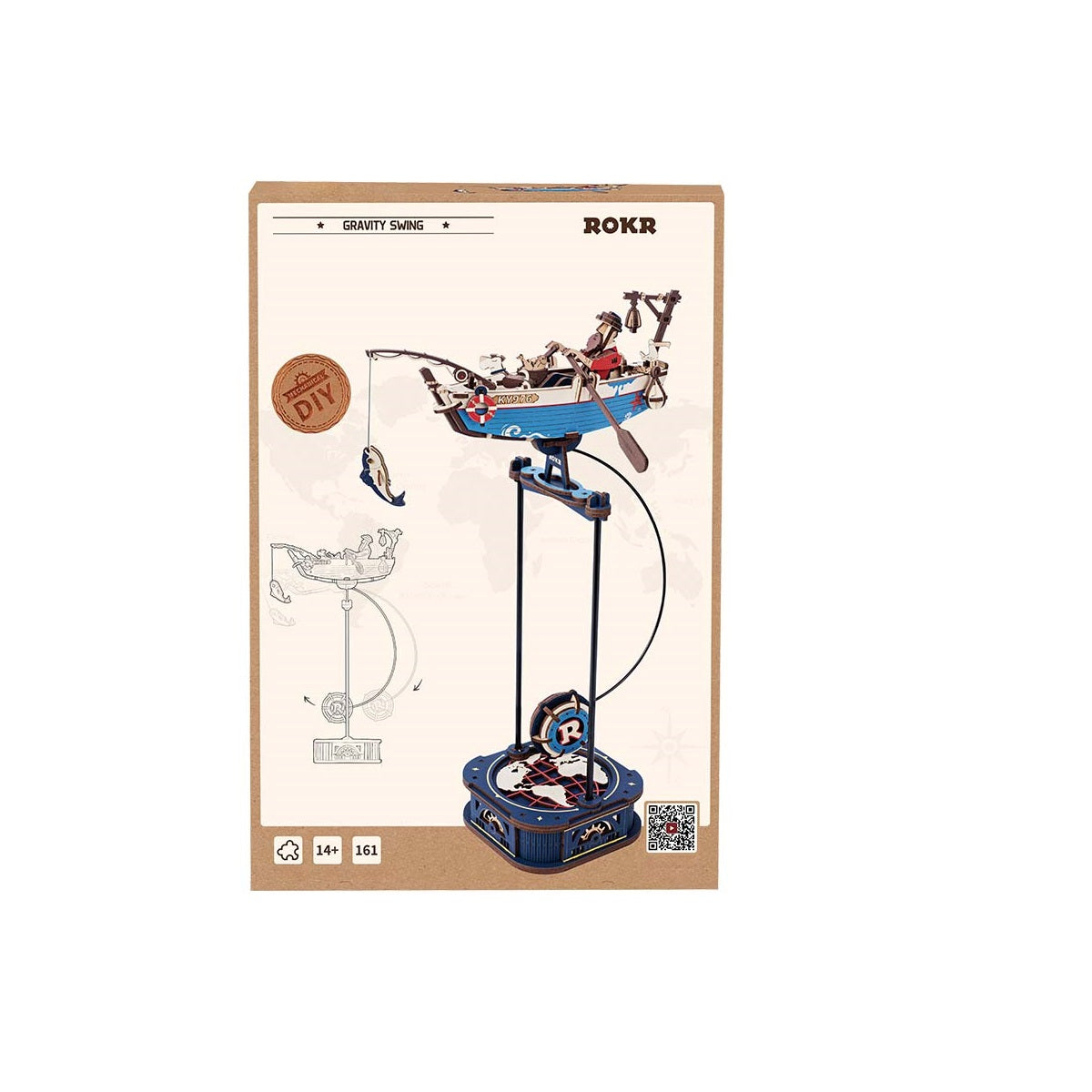 The ROKR Gravity Swing Ocean Fisher DIY wooden mechanical kit box displays the finished blue fishing boat model hanging from a tall stand over a globe base