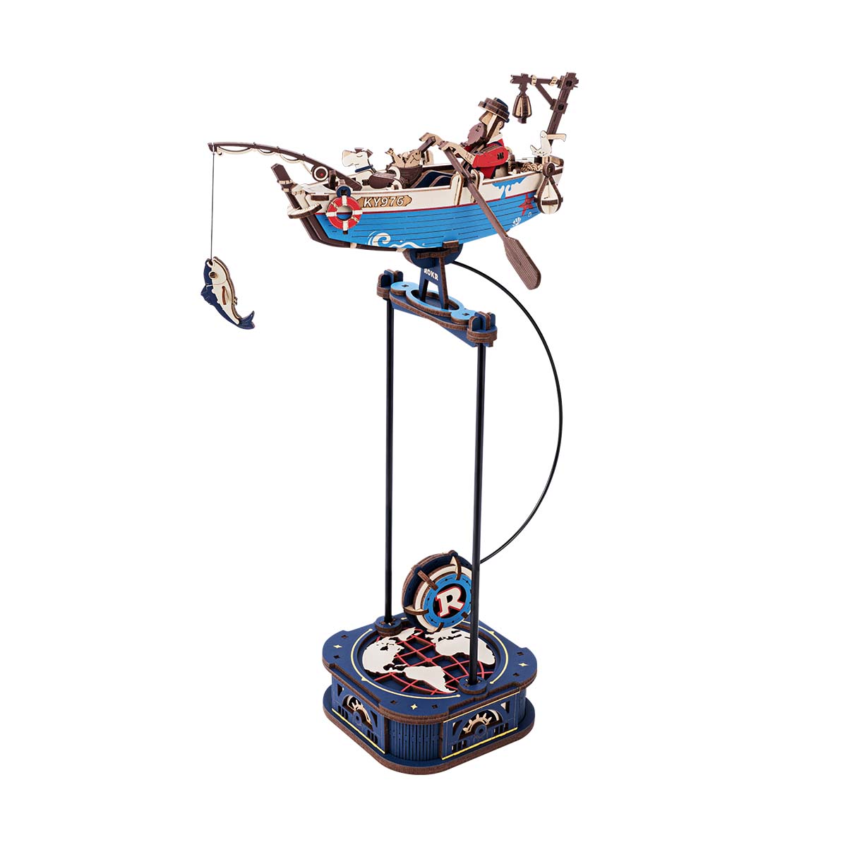 The assembled Rokr Gravity Swing Ocean Fisher wooden puzzle model features a blue boat with a fisherman and a caught fish balanced on a kinetic base