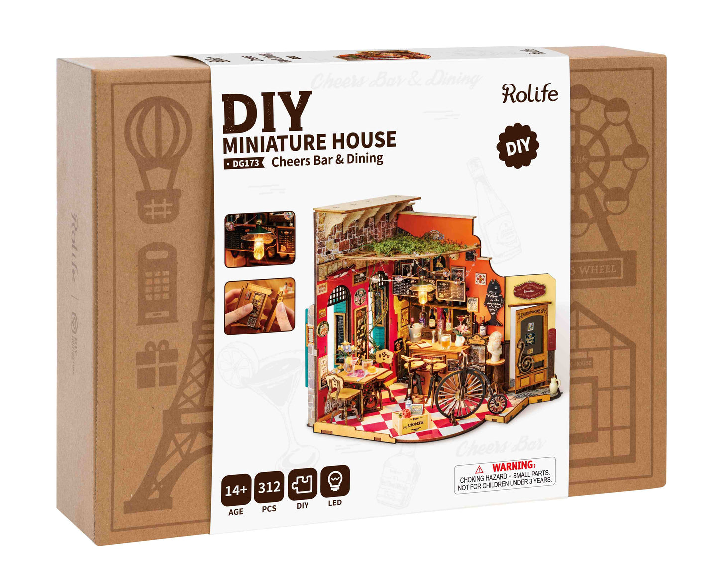 The Rolife DIY Miniature House Cheers Bar and Dining kit box displays the finished 312-piece model with detailed interior furnishings and LED lighting