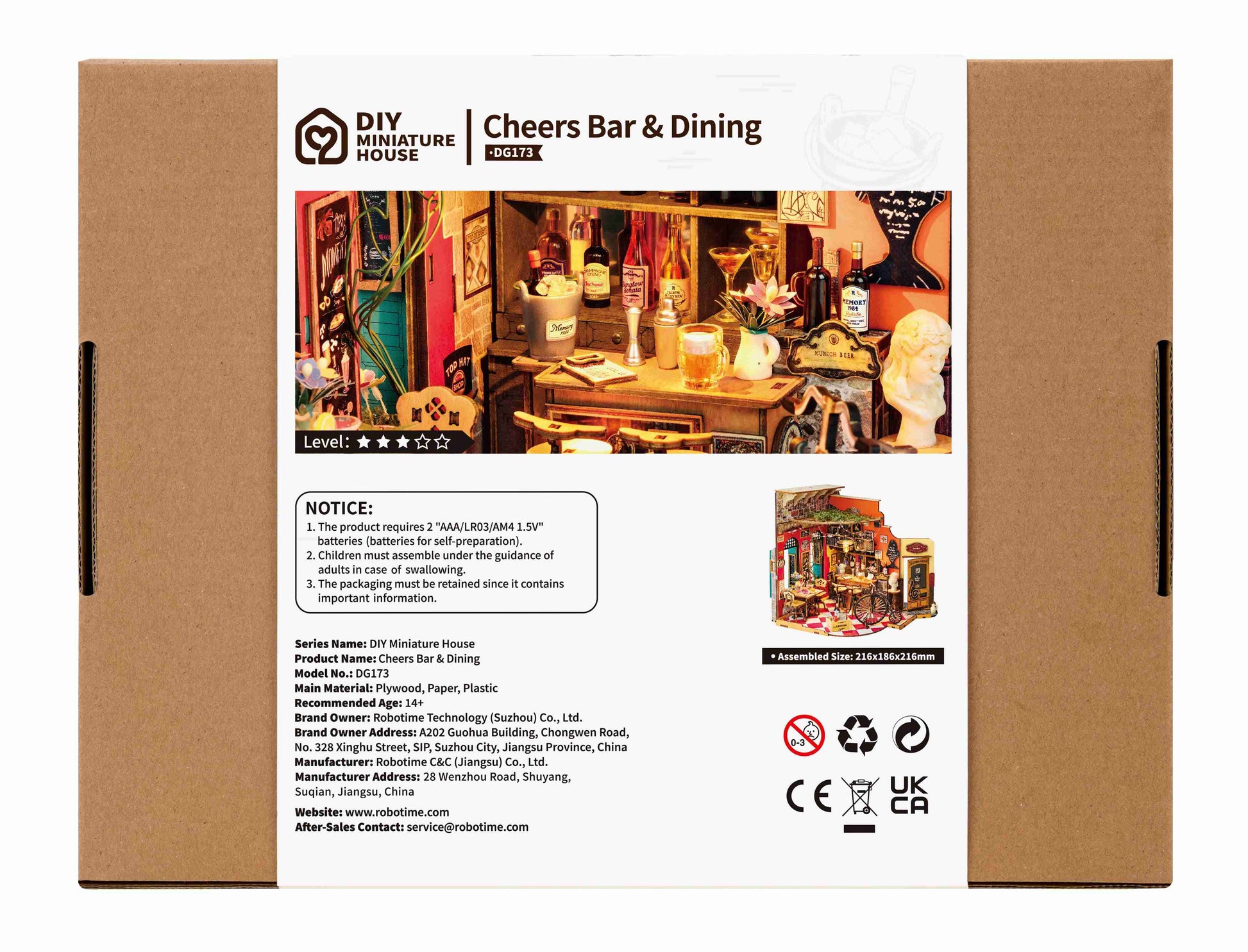 A cardboard box displays the Diy Mini House Cheers Bar & Dining kit, featuring a detailed miniature bar scene and an assembled model view