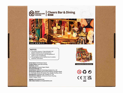 A cardboard box displays the Diy Mini House Cheers Bar & Dining kit, featuring a detailed miniature bar scene and an assembled model view