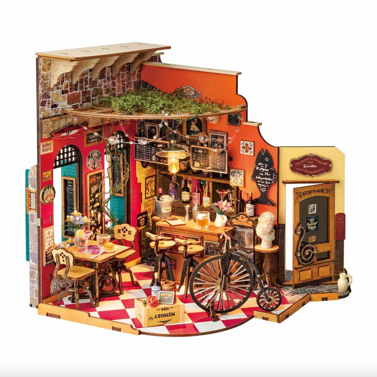 Intricate DIY miniature diorama kit of The Artist's House Bar featuring a detailed pub counter dining table and vintage penny-farthing bicycle