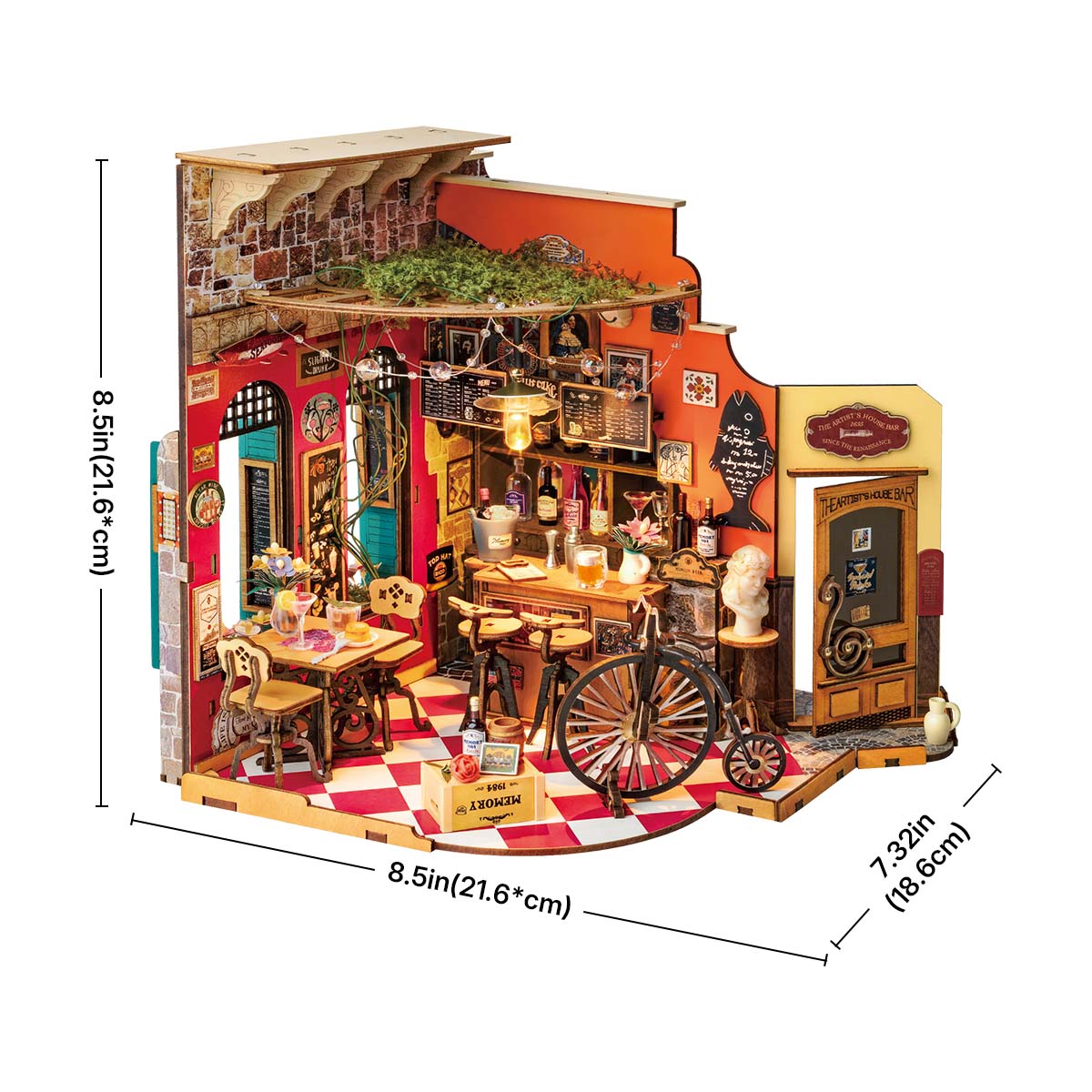 Detailed wooden DIY Mini House Cheers Bar model featuring a bar counter and dining area is 85in wide and high by 732in deep