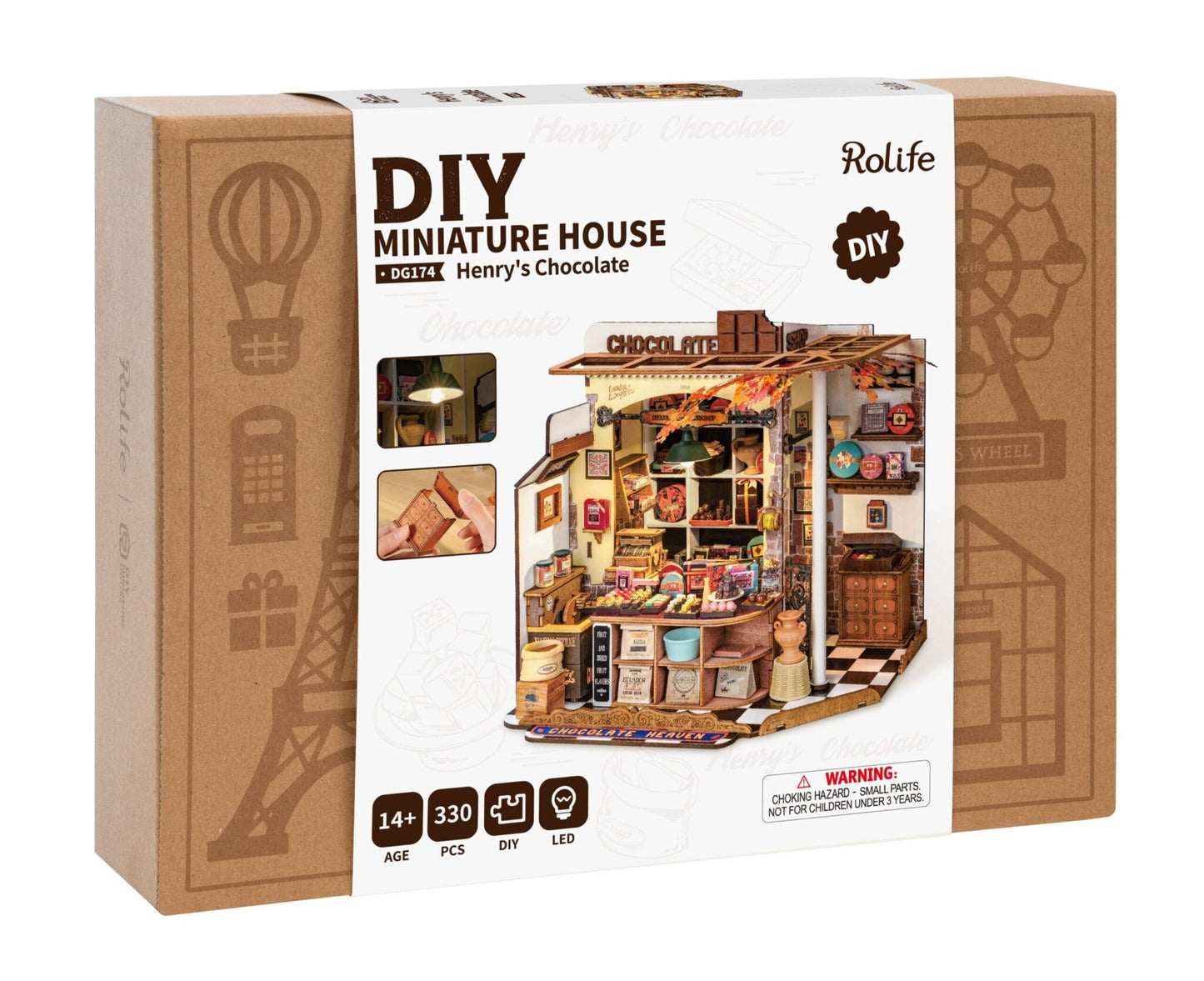 Packaging for the Rolife DIY Miniature House Henry's Chocolate kit showing the detailed wooden shop interior and 330 pieces count