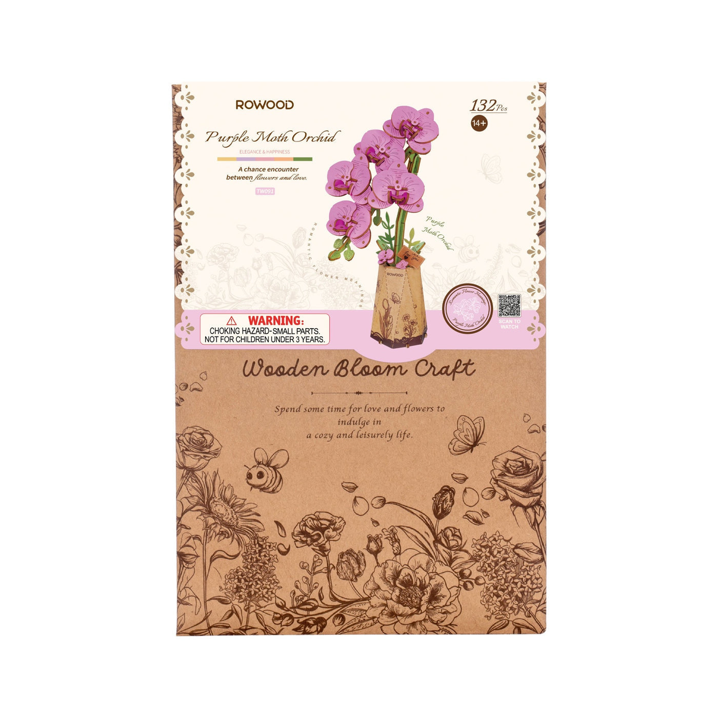 Detailed packaging for the Rowood Purple Moth Orchid wooden craft kit shows the 132-piece purple flower assembly and is labeled for ages fourteen and up