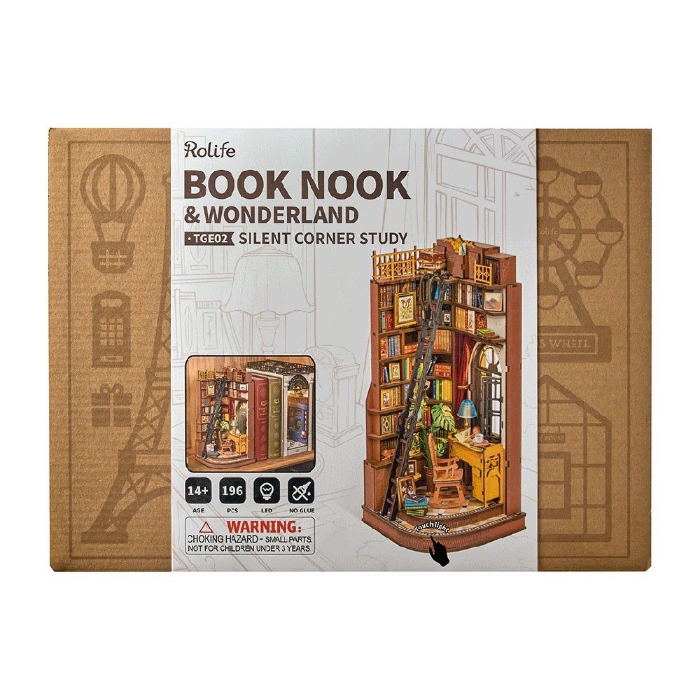 Rolife Book Nook DIY kit packaging displays the Silent Corner Study TGE02, an LED-lit miniature library scene featuring 196 pieces
