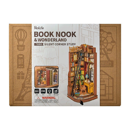 Rolife Book Nook DIY kit packaging displays the Silent Corner Study TGE02, an LED-lit miniature library scene featuring 196 pieces