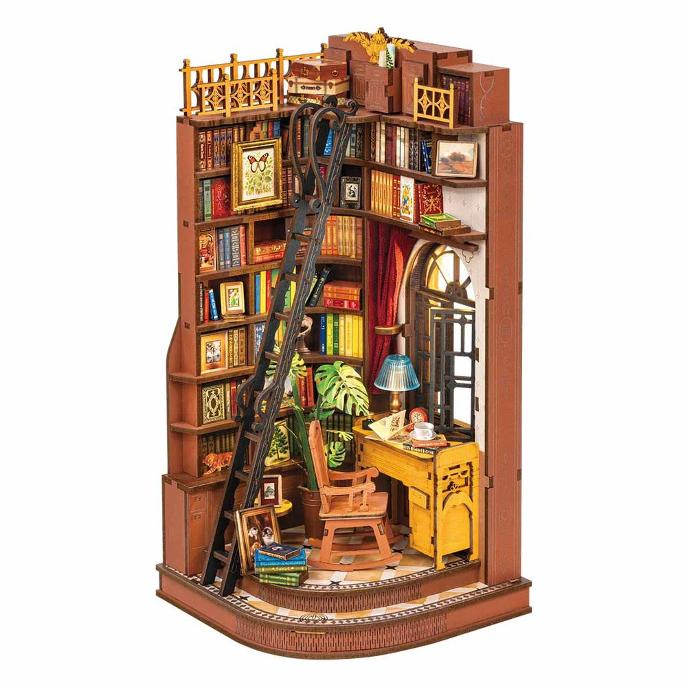 Miniature Diy Bookends Kit Silent Corner Study featuring a cozy library scene complete with dark wood shelves, a rolling ladder, desk, and rocking chair