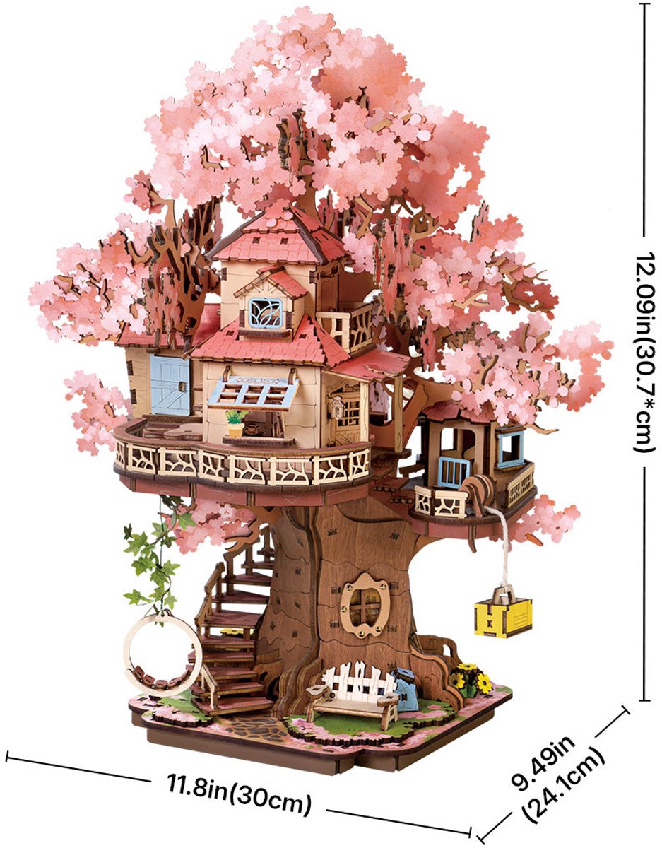 Detailed wooden DIY Sakura Tree House puzzle model with abundant pink blossoms, shown to be 1209 inches tall and 118 inches wide