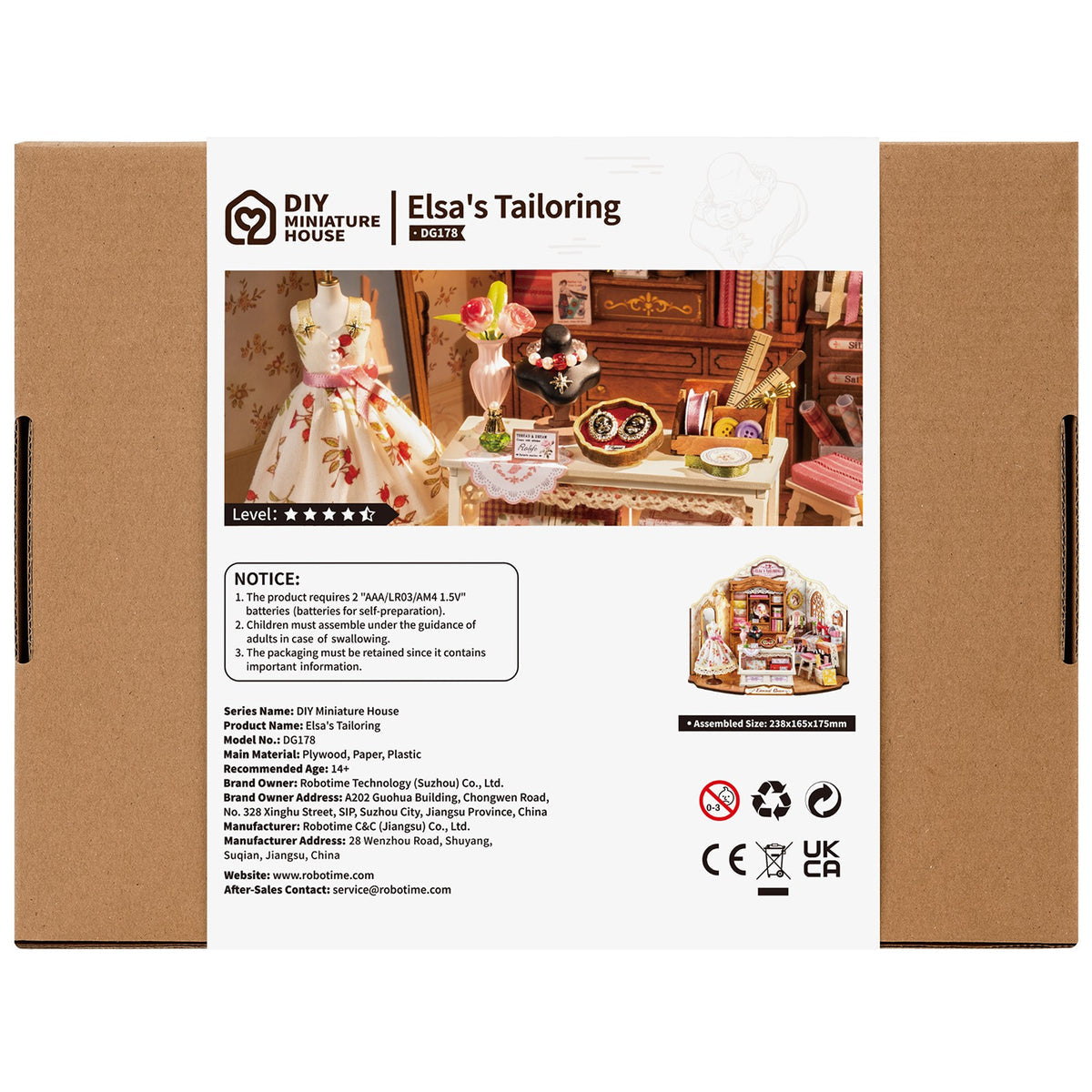 The brown boxed DIY Miniature House Elsa's Tailoring kit shows a finished scene of a detailed sewing shop featuring a floral dress and an assembled dimension of 238x165x175mm