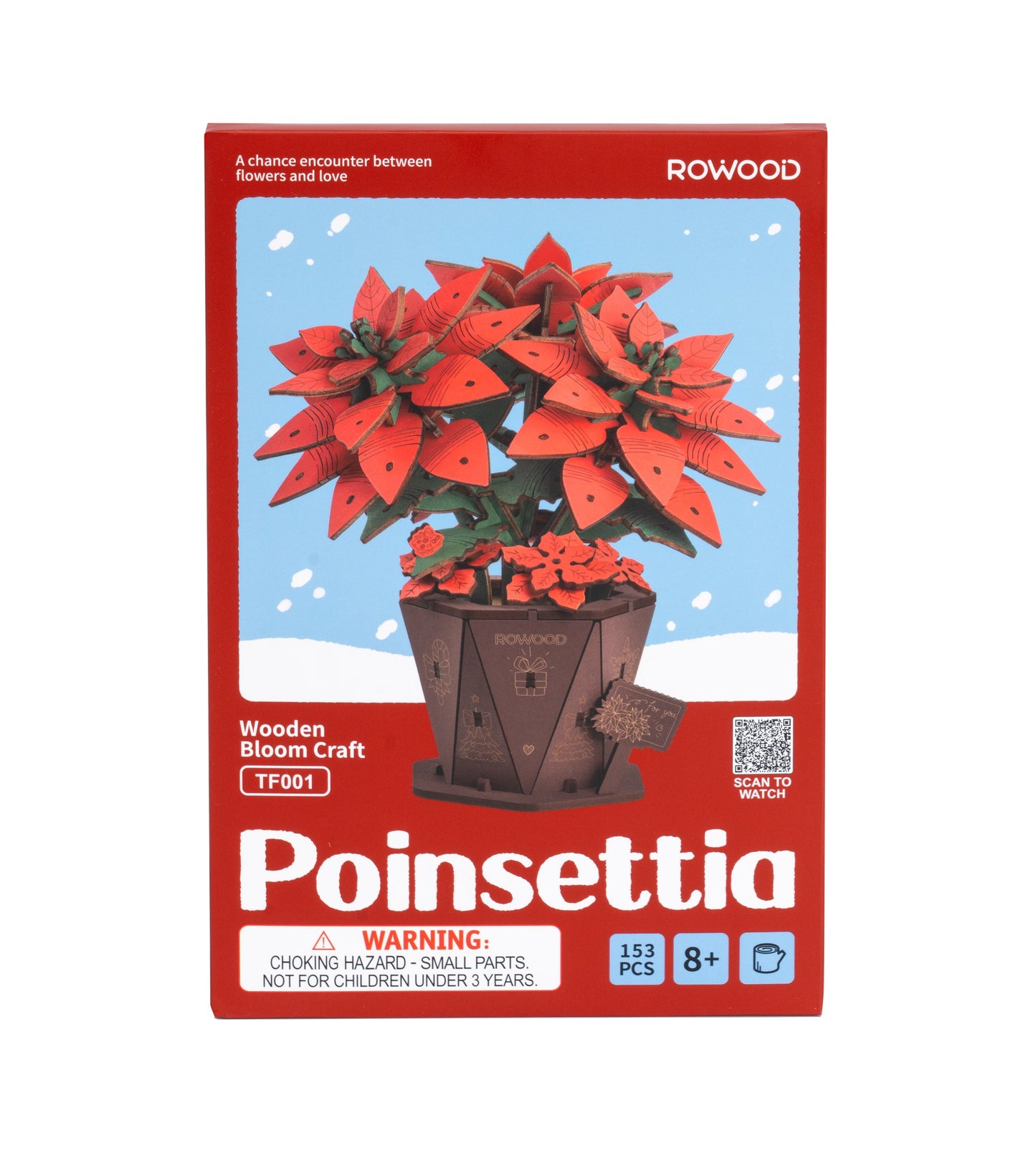 The red and blue packaging highlights the Rowood Poinsettia Wooden Bloom Craft kit containing 153 pieces recommended for ages 8 and up