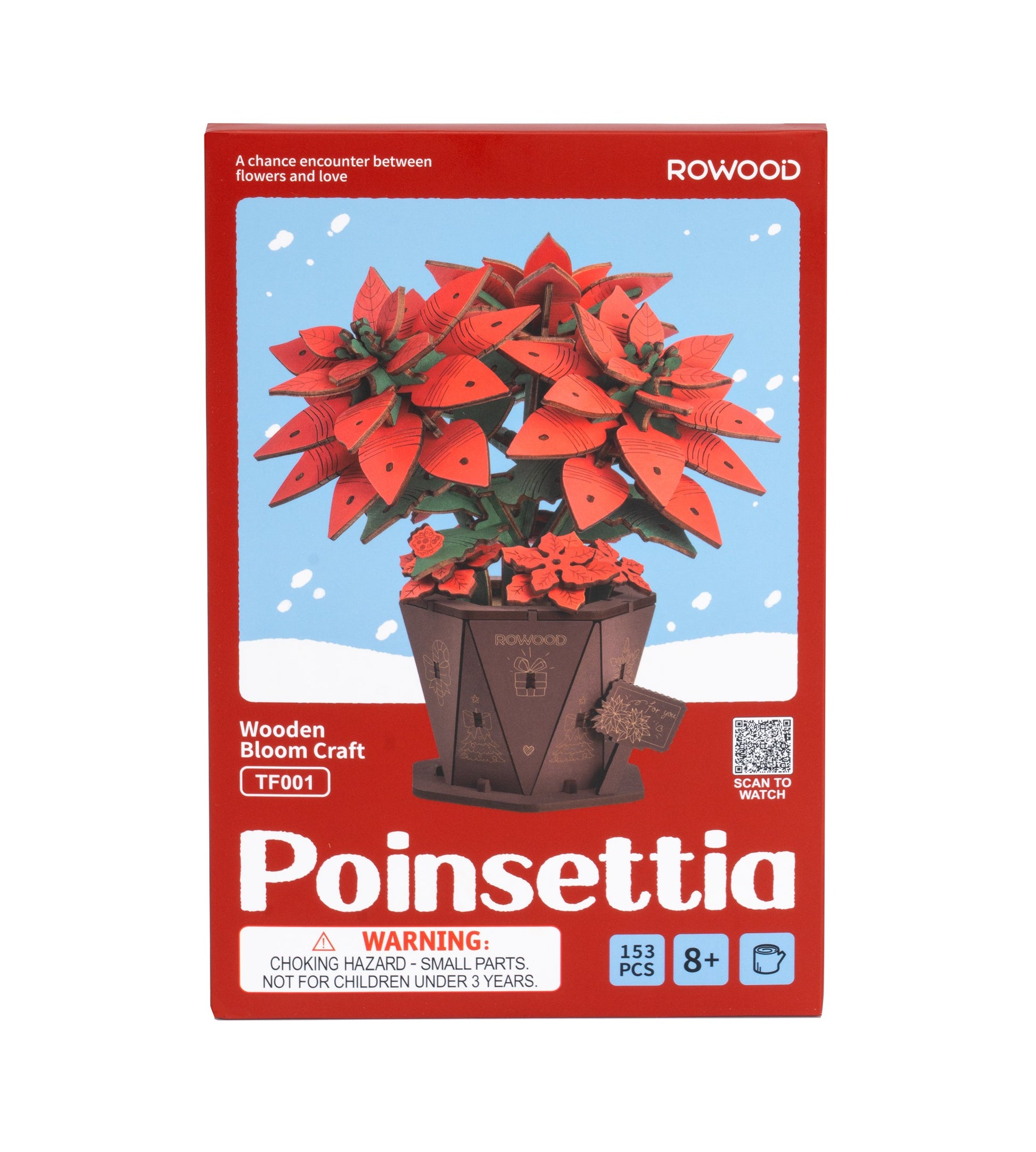The red and blue packaging highlights the Rowood Poinsettia Wooden Bloom Craft kit containing 153 pieces recommended for ages 8 and up